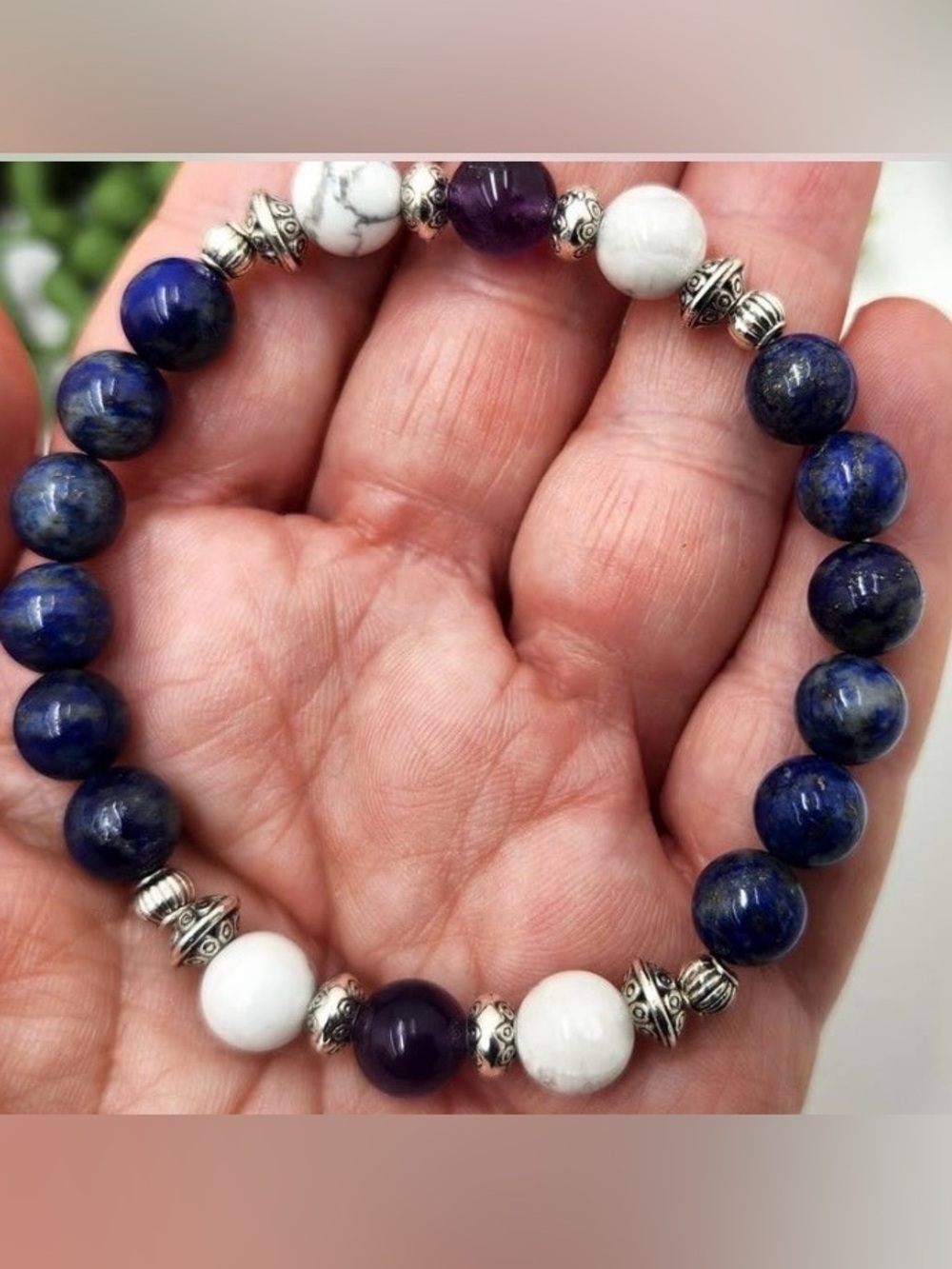 Lapis Lazuli, Howlite & Amethyst Beaded Bracelet - Unbranded